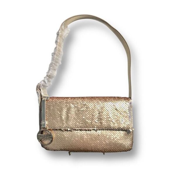 Nicole Miller NWT Gold Sequin Shoulder Bag Purse Shiny Strap Party Clutch Luxe - Picture 4 of 13